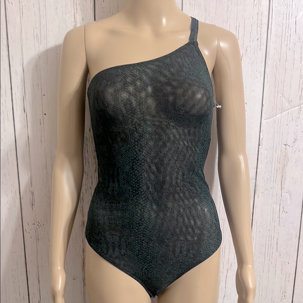 FP Intimately Free People Snakeskin Print One-Shoulder Black Teddy Bodysuit